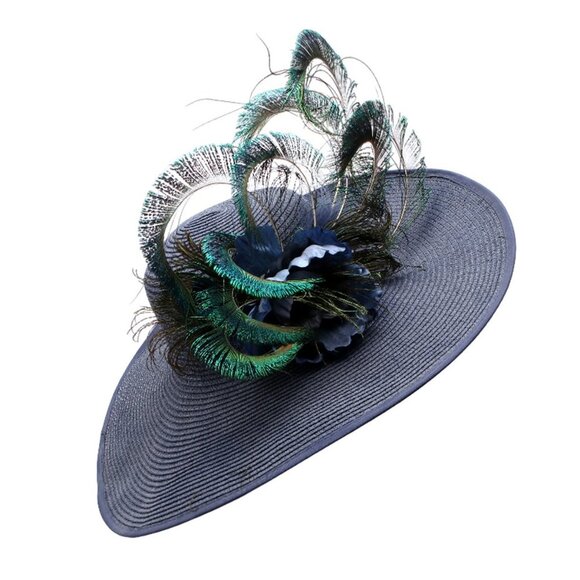 Large Brim Hat Peacock Feathers Floral Queens Plate Horse Race Summer Parties - Picture 8 of 12